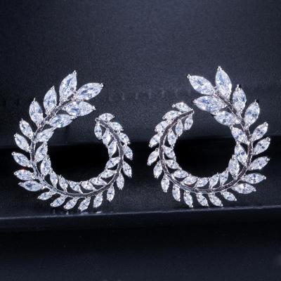 WWJ Leaf Wedding Jewelry Zircon Silver Color Stud Earrings for Brides
