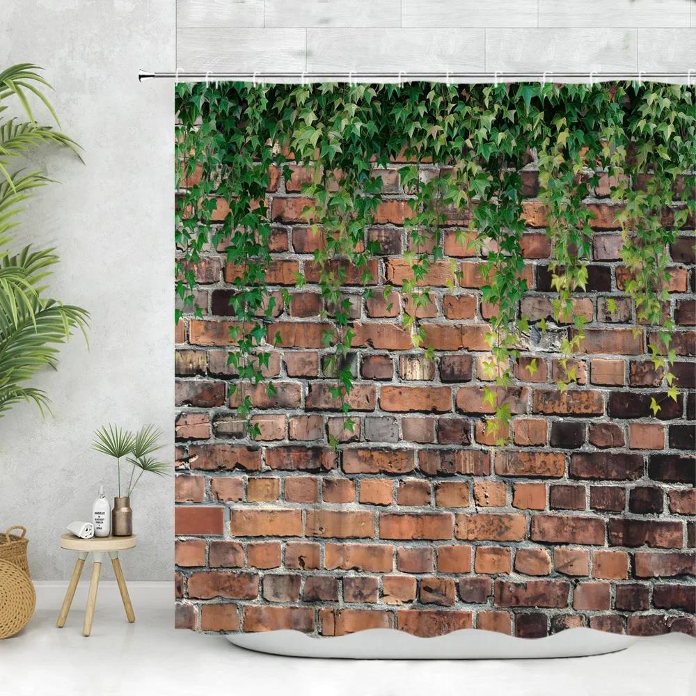 Brick Wall Shower Curtain Vintage Vines Spring Greenery Nature Scenery Leave Farm Flower Polyester Fabric Bathroom Decor Curtain