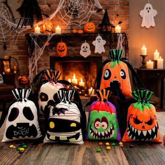 Holiday Themed Candy Holder Halloween Pumpkin Ghost Tote Bag, Trick or Treat Bag with Double Sided Print Side Print, Sturdy Reusable Party Favor Gift
