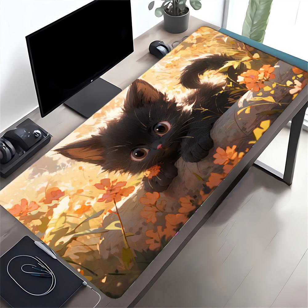 1pc Large Gaming Mouse Pad, UV Reactive Non-Slip Desk Mat, Washable PolyesterCate, Kitten, FlowersComputer Pad with Vibrant Game Machine Pri