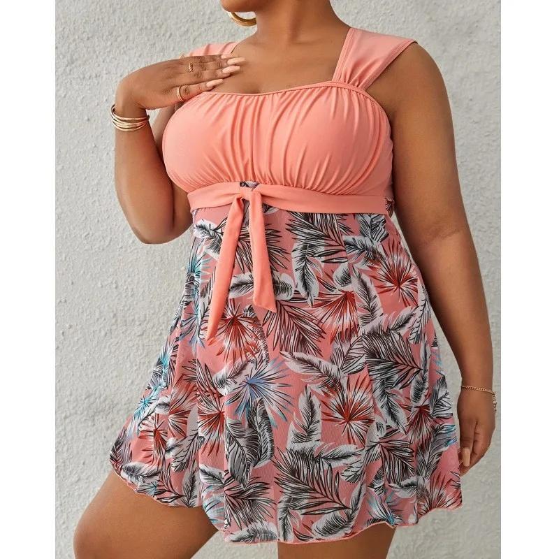 Plus Size Elegant Tankini Set Women's Plus Contrast Tropical Print Tie Front Tank Dress & Panty Swimsuit 2 Piece Set