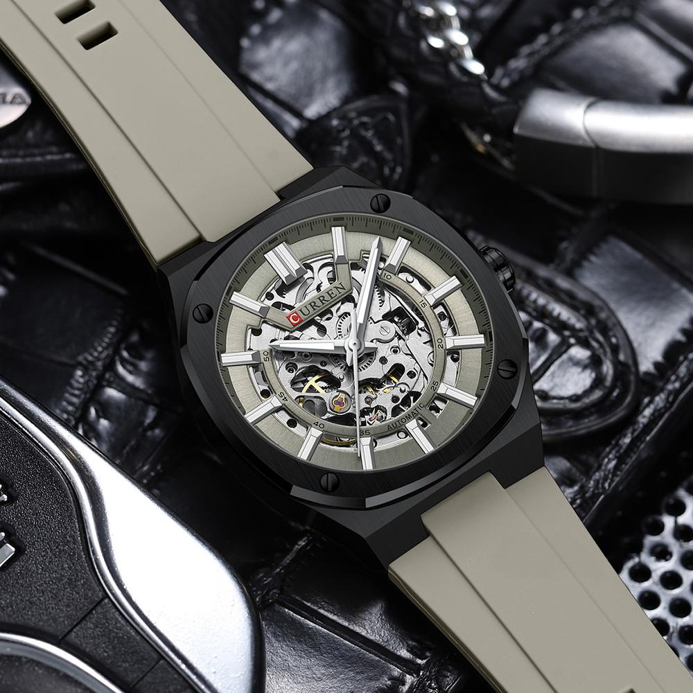 CURREN Men Automatic Mechanical Original Waterproof Silicone Strap Luminous Business Fashion Clock