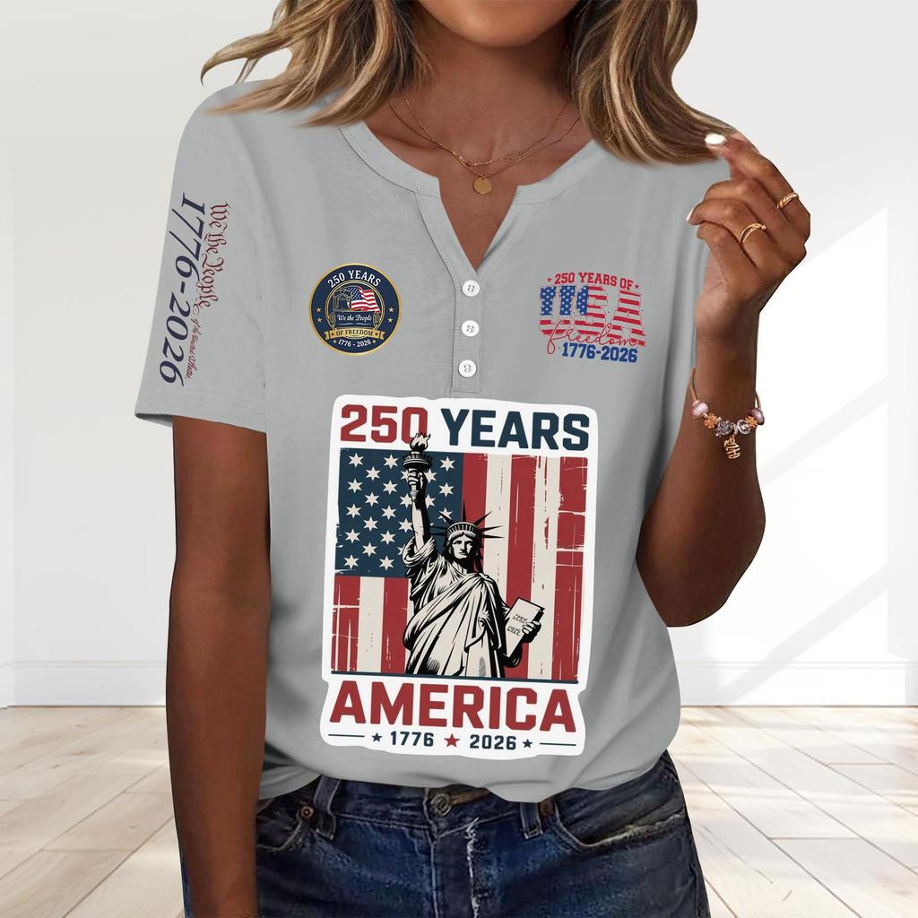 Women's Fashion Casual 250th Anniversary Independence Day Print V-Neck Short Sleeve Decorated Button-Up T-Shirt