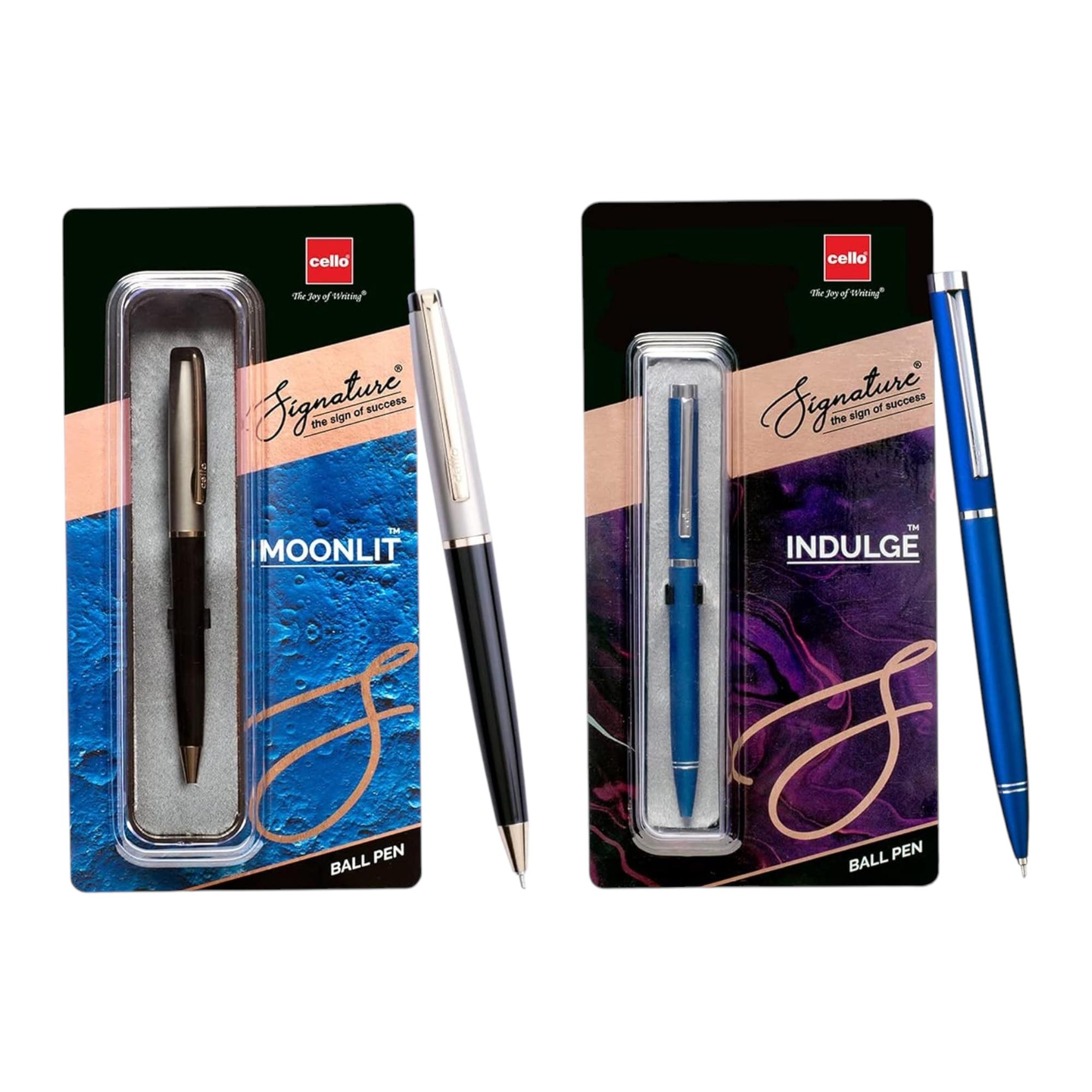 Cello Signature Moonlit & Indulge Blue Ball Pen Set of 2, 0.7mm Fine Tip Metal Twist Gift Pen for Office Home School