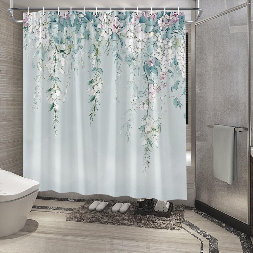

1pc Ethereal Floral Garland Shower Curtain, Pastel White and Pink Flowers with Soft Green Leaves on Muted Teal Background, Casca 90x180cm