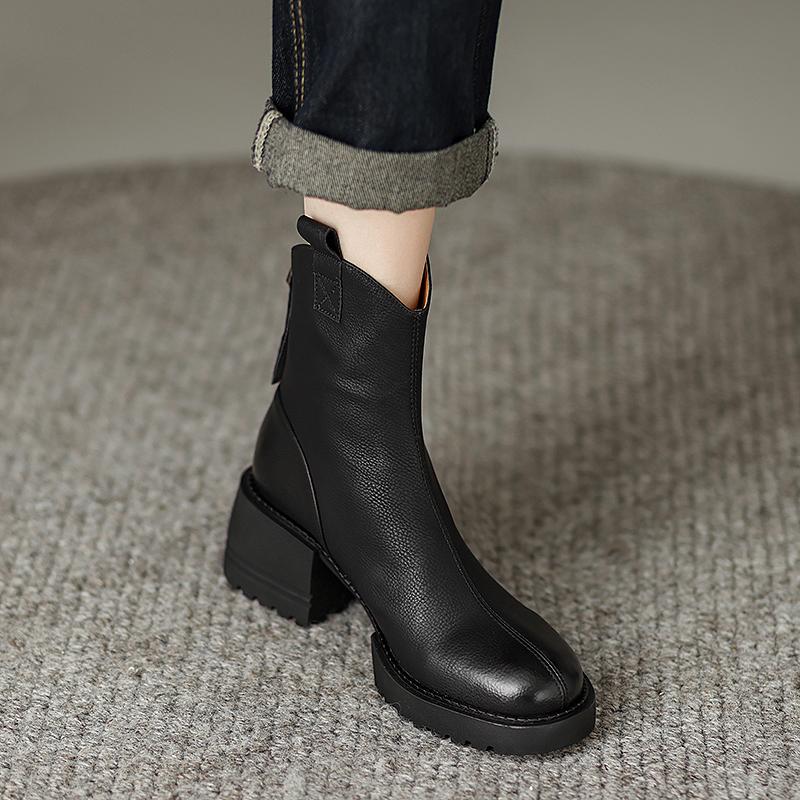 Fashion 2024 Winter Genuine Leather Women Boots Round Toe Chunk Heel Platform Shoes Solid Chelsea Boots Casual Women Shoes Green Boots