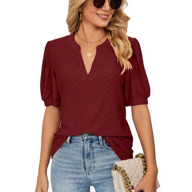 Summer Casual V-neck Solid Color Hollow Bubble Sleeve Loose T-shirt Top for Women Shirt