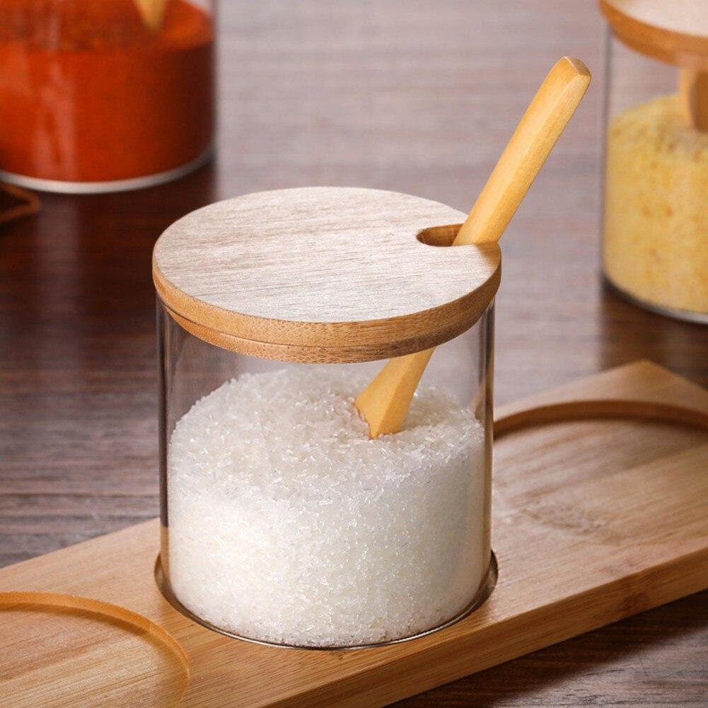 Condiment Container Bamboo Glass Durable Sturdy for Sugar And Salt