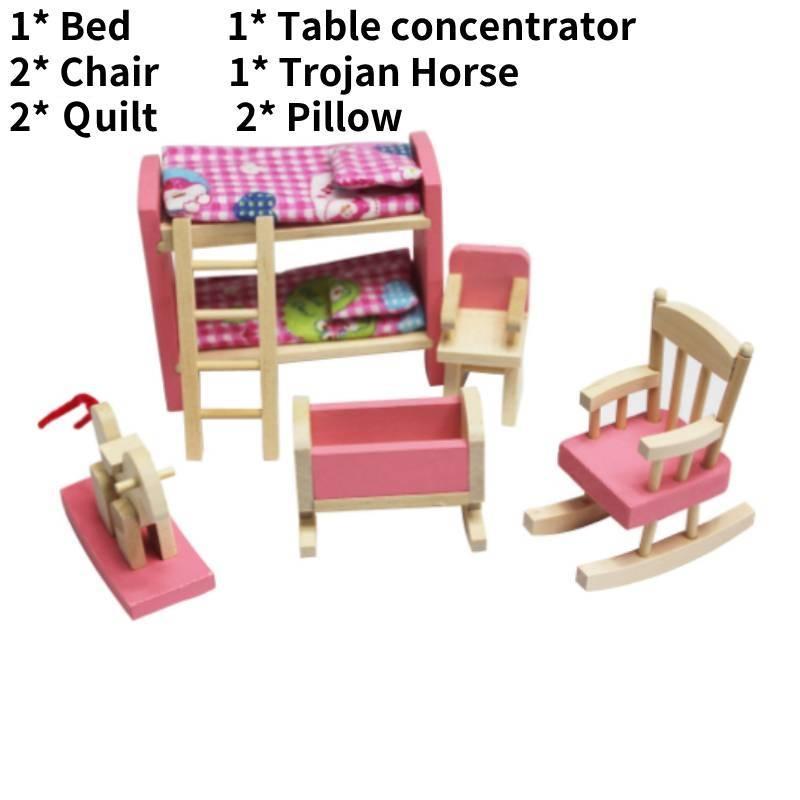 Entzückendes Holzpuppenhaus-Möbelset für Kinder mit farbenfrohen Schlafzimmer-, Küchen- und Wohnzimmer-Accessoires