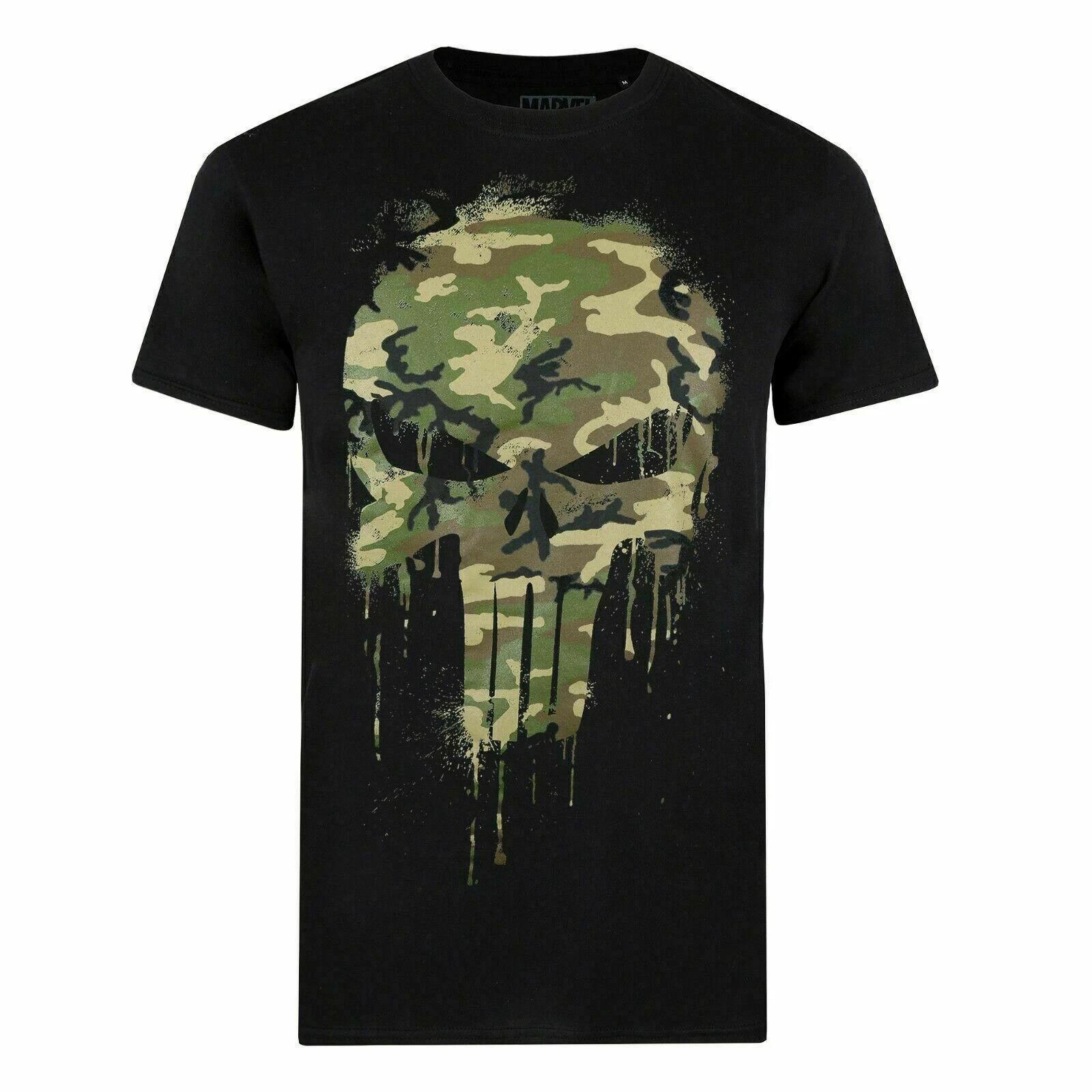 The Punisher Mens 100% Cotton T-shirt Mens Tees Top Skull Camo Black S-XXL Official Marvel XL