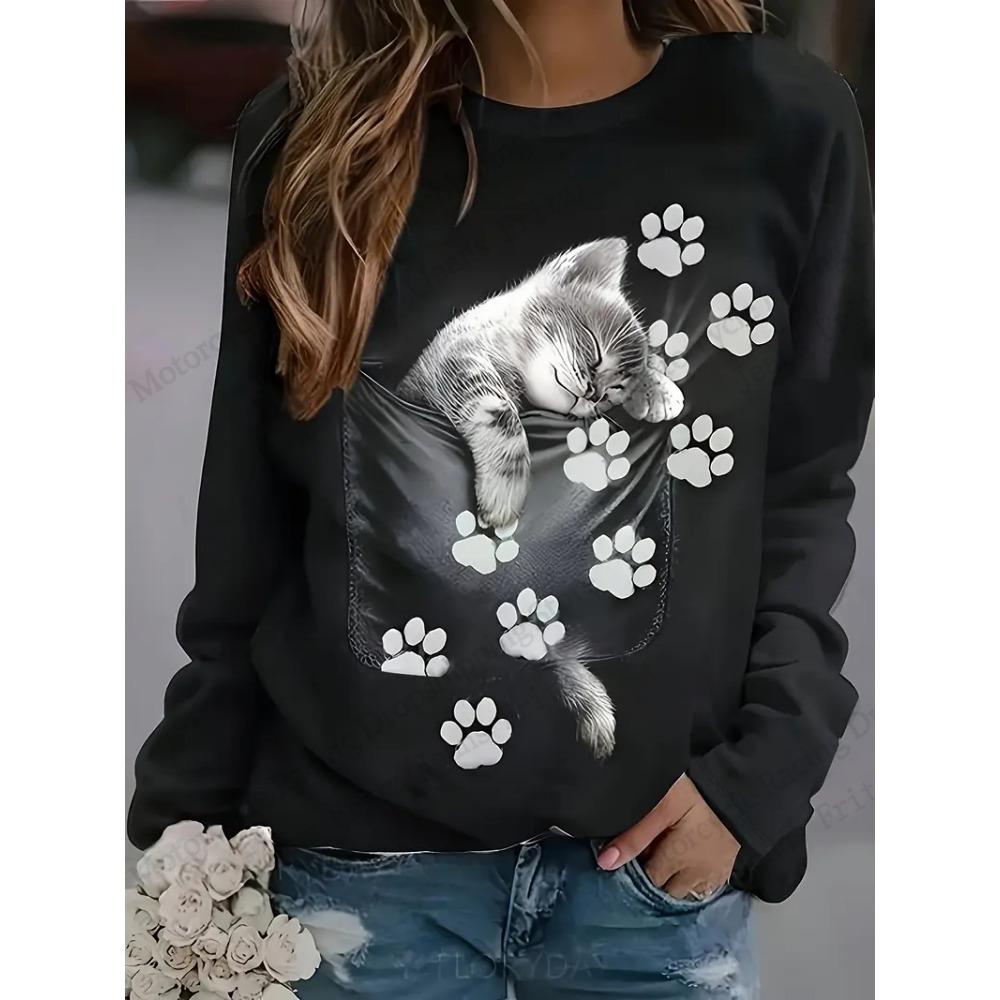 Lustige Cartoon-Katzen 3D-gedruckte Sweatshirts für Damen, modische Tier-Sweatshirts mit Rundhalsausschnitt für Damen, lässige Langarmbekleidung
