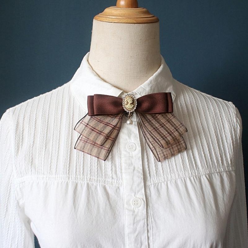Fiocchi di Nastro Scozzesi Marroni Vintage Spilla Spilla da Cravatta per Donna Ragazza Uniforme Preppy Giapponese Papillon Precannodato Corsage Cravatta