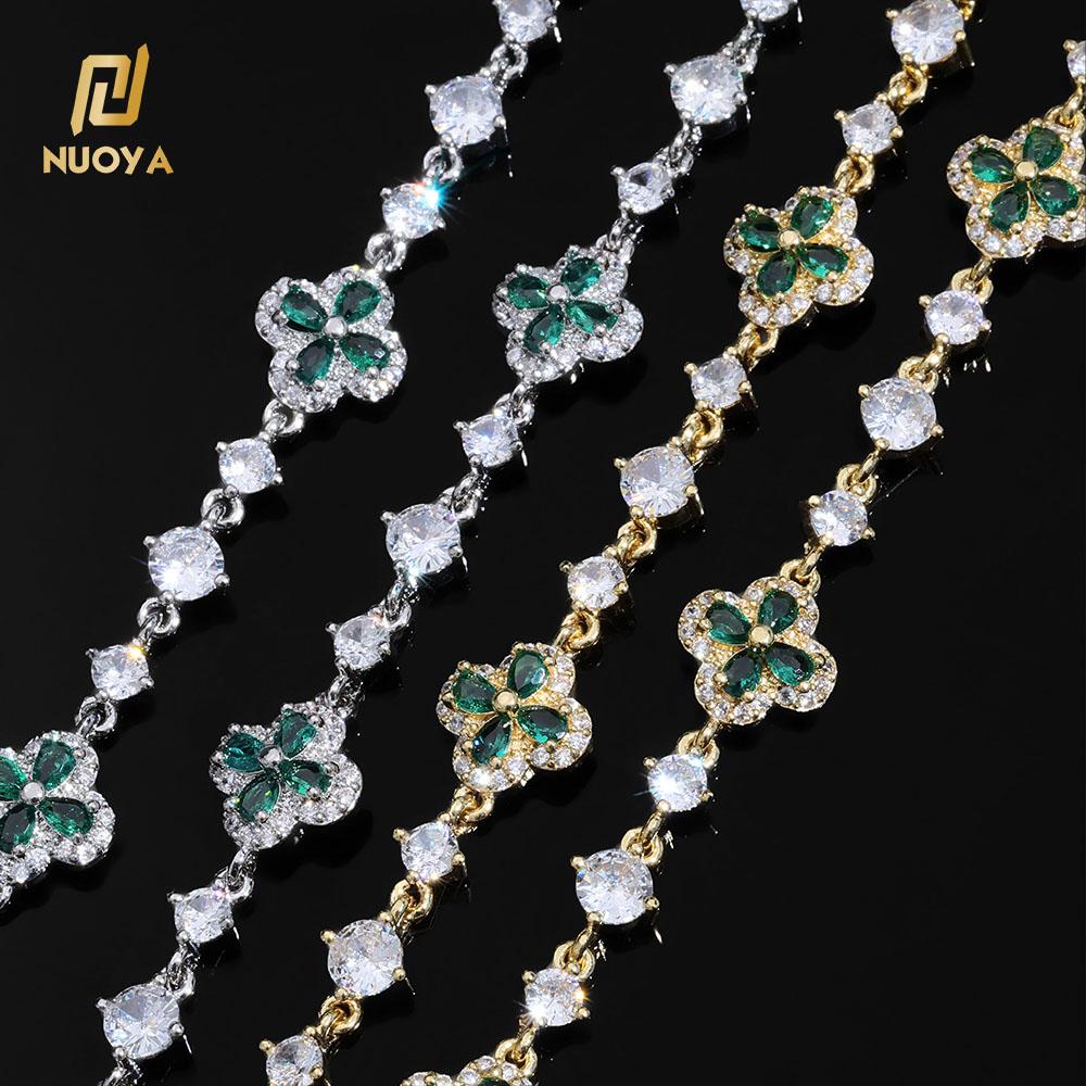 NUOYA Fashion Jewelry Green Four-Leaf Clover Chain Bracelet Flower Design Setting Bling Zircon Fine Chain Bracelet for Women