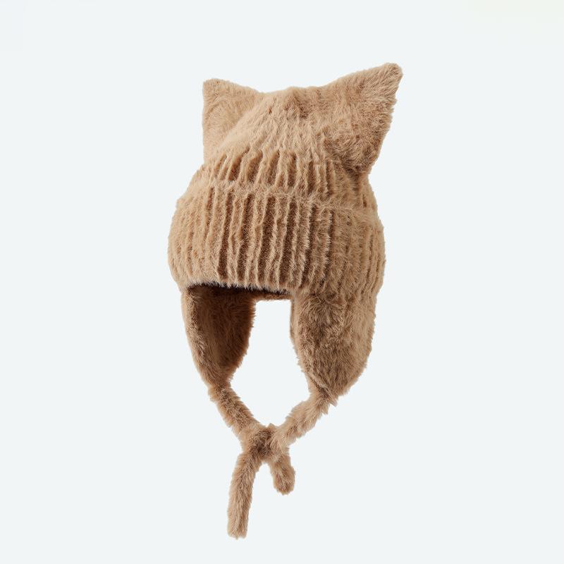Korean New Hat for Women's Autumn and Winter Solid Color Knitted Wool Hat Cute Cat Ears Winter Warm Ear Protection Hat