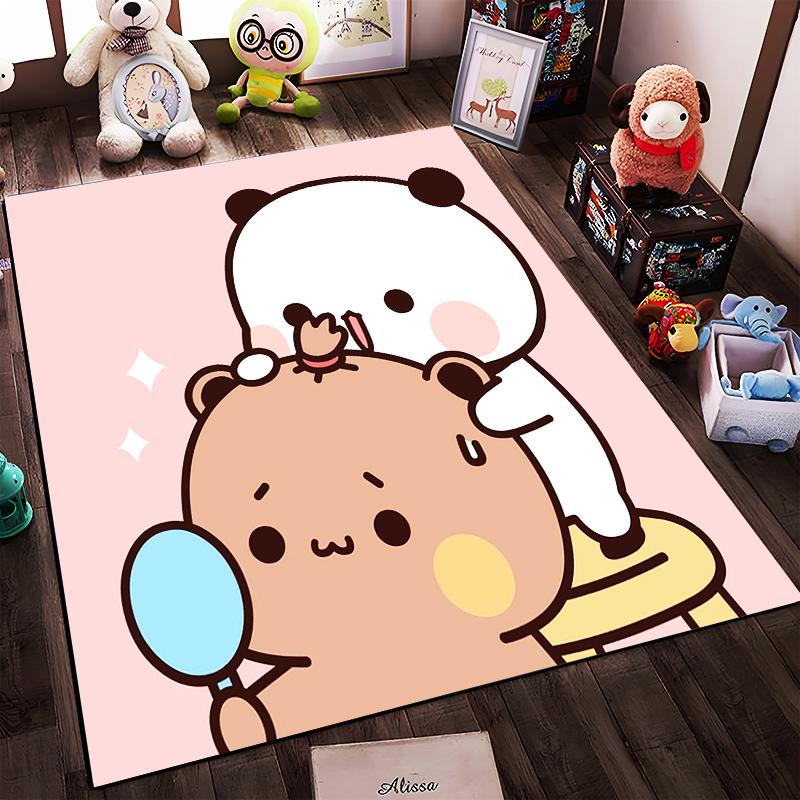 Cute Cartoon Panda and Bear with Pink Background and Mirror - Adorable Carpet Design Suitable for Use As an Anti-slip1 For1room and Bedroom Sofas