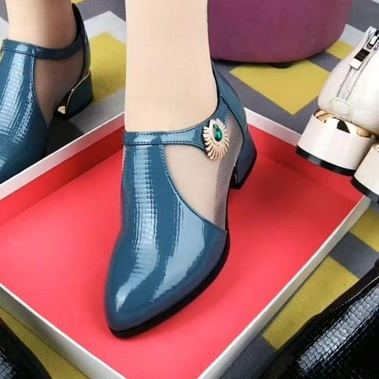 European and American new hollow mesh bag head single shoes women's deep mouth thick heel single shoes women's medium heel rhinestone single shoes
