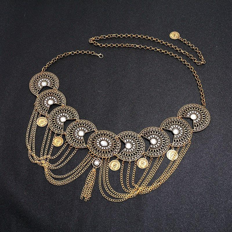 Retro Ethnic Floral Waist Chain with Carved Coin Tassels and Geometric Hanfu Dance Accessories