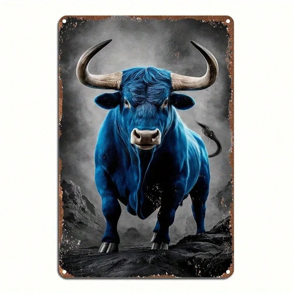 Vintage Metal Wall Art Blue Ox Bull Decor for Bar Kitchen Living Room Gift