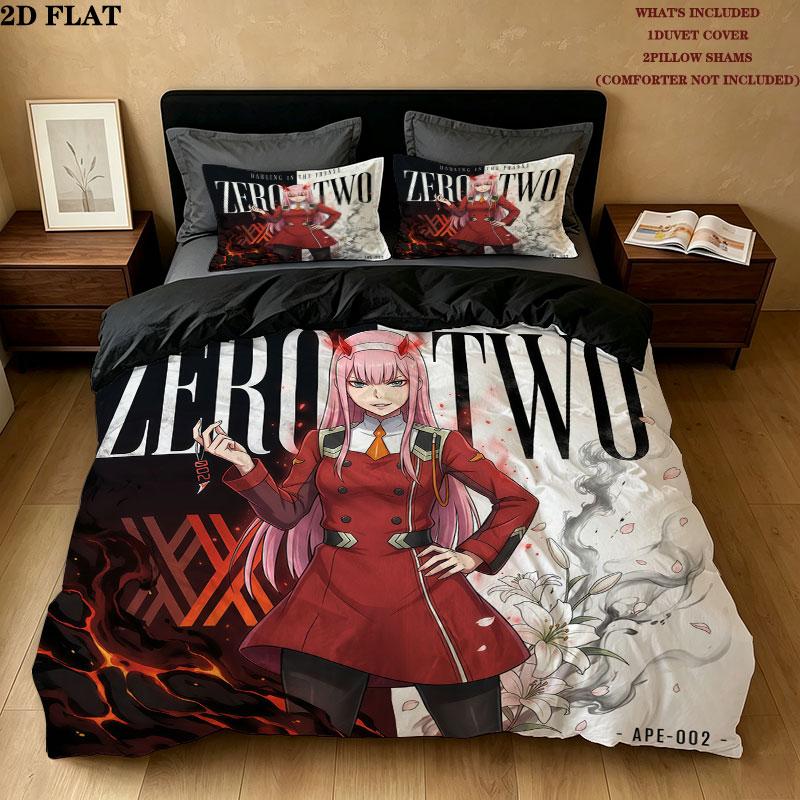 Pościel z wzorem Franxx Zestaw kołdry Poszewka na kołdrę Poszewka na poduszkę Domowy Prezent Urodzinowy(1 * poszwa na kołdrę + 2 * poszewki na poduszki, bez rdzenia)