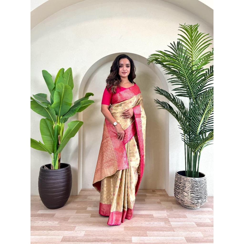 Pure tissue silk saree with zari weaving and meena work with running blouse and elegant jaal on the body.  blouse : contrast as per video