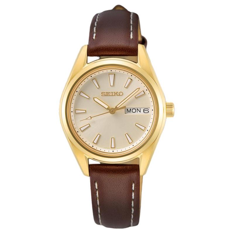 SEIKO 100 meters waterproof Quartz cowhide strap women s watch yellow dial SUR456 синий