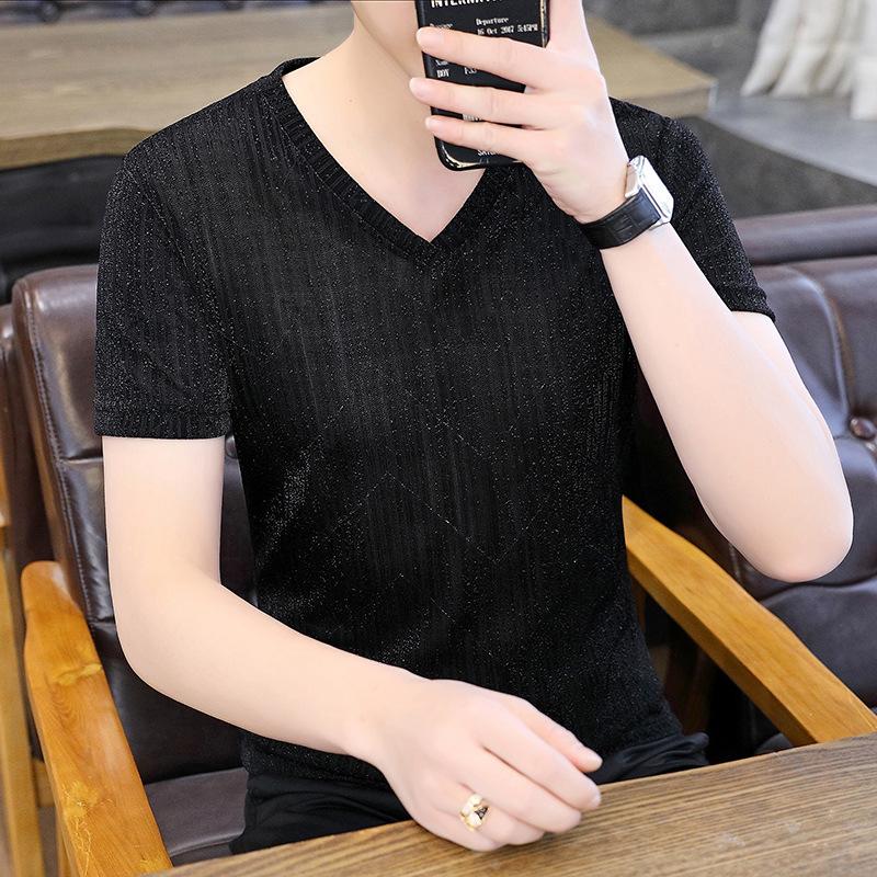 Heavy industry yarn-dyed short-sleeved men s mesh V-neck short-sleeved T-shirt personalized ruffian handsome youth half-sleeved ice silk bottoming M чёрный