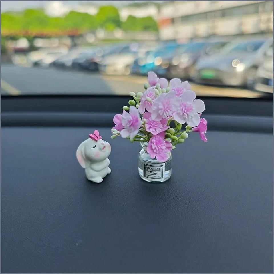 Mini Car Vase with Artificial Flowers and Small Rabbit Figurine Resin Decorative Set for Dashboard Micro Landscape Interior Ornament