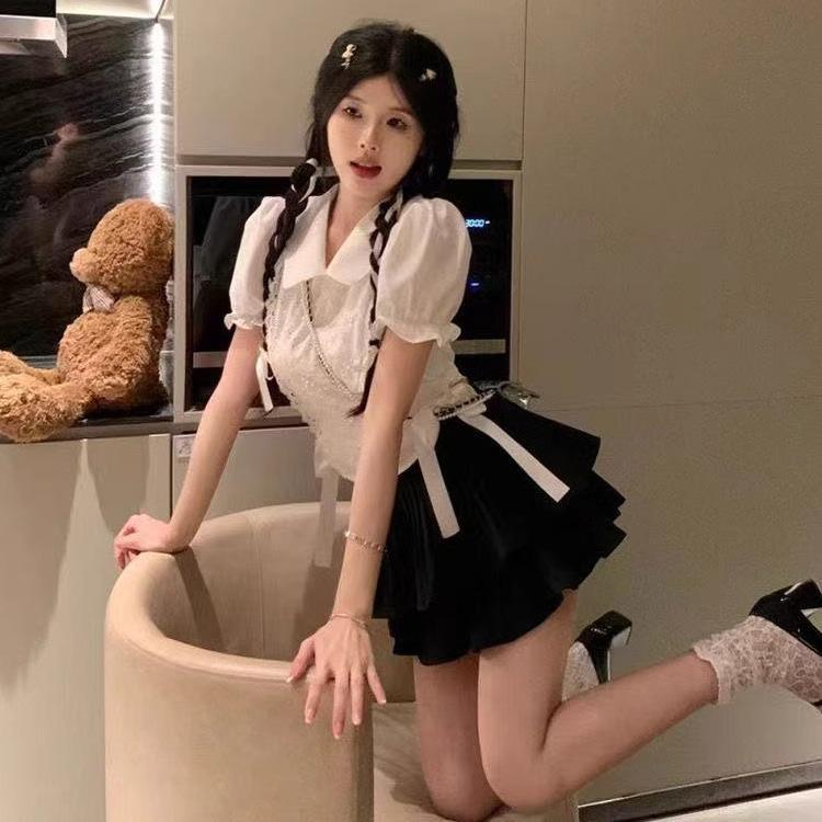 Korean-Style Summer Women's Two-Piece: Bow Tie Strap Top & Waist-Cinching Lace Ruffle Skirt