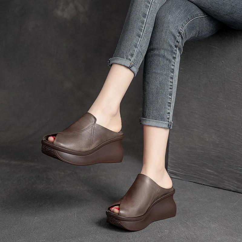 Fashion 7CM Wedges Heel Slippers Women Summer Slip On Fish Mouth Cow Genuine Leather Slippers Height Increasing Platform Casual Slides