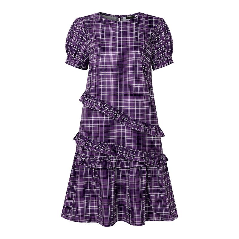 

VONDA Women O Neck Puff Sleeve Plaid Print Casual Ruffled Mini Dress S