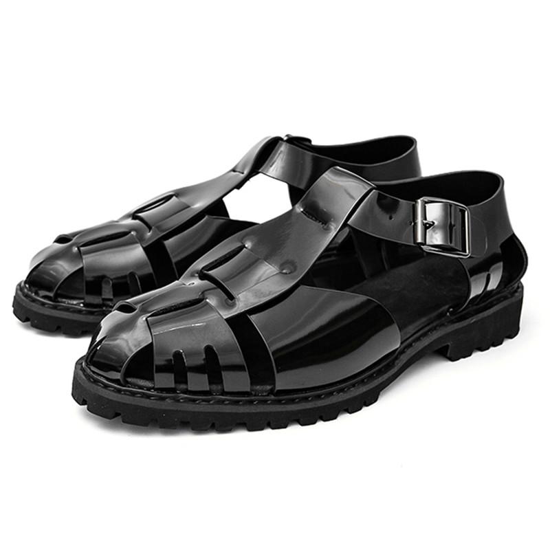 Summer New Men Gladiators Weave Slip On Thick-sole Patent Leather Garden Shoes Breathable Beach Sandals Outdoor Slippers
