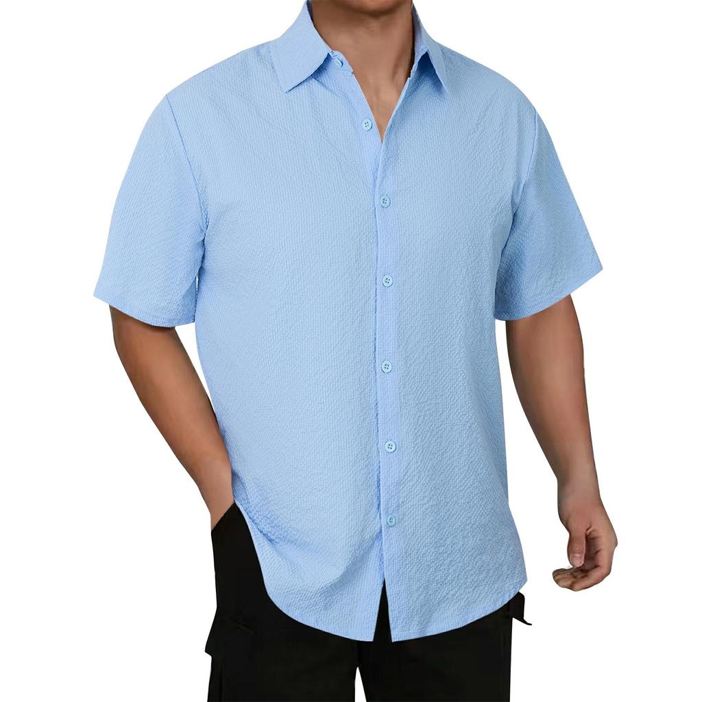 Men's Solid Color Ice Silk Fabric Loose Fit Casual Short Sleeve Shirt with Turn Down Collar Button Front Design