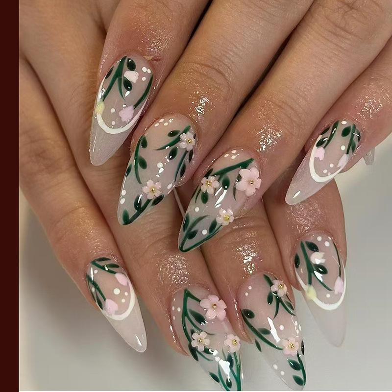 Ensemble de 24 Faux Ongles Pression Court Amande Rond Œil de Chat Vert Floral