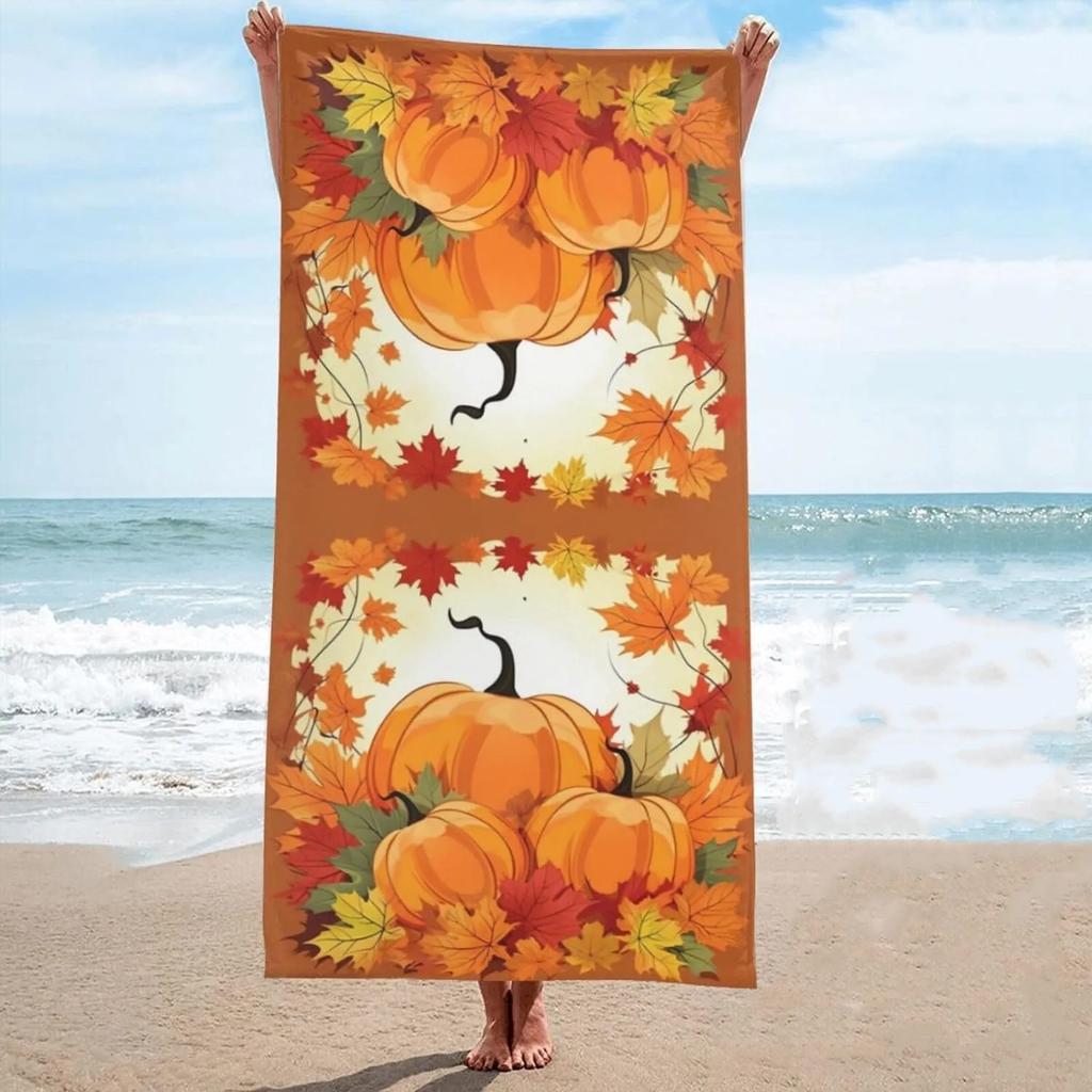 Herbstkürbis Ahornblätter Druck Strandtuch Saugfähig Schnelltrocknend Badetuch Superweiche Stranddecke Reisetuch für Schwimmen Fitnessstudio