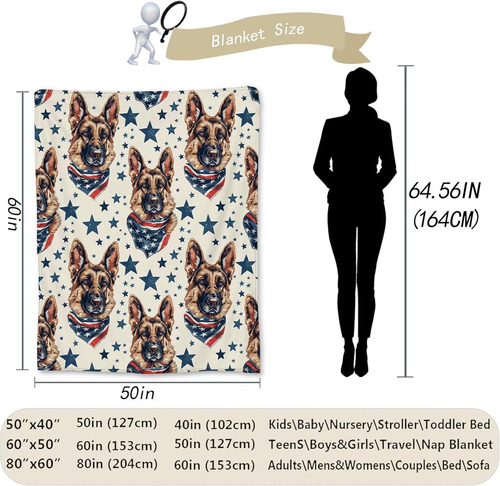 Patriotic German Shepherd Blanket - Soft Lightweight Cozy Flannel Throw Blanket for Adults Kids Women Girls, Warm Fuzzy Blankets