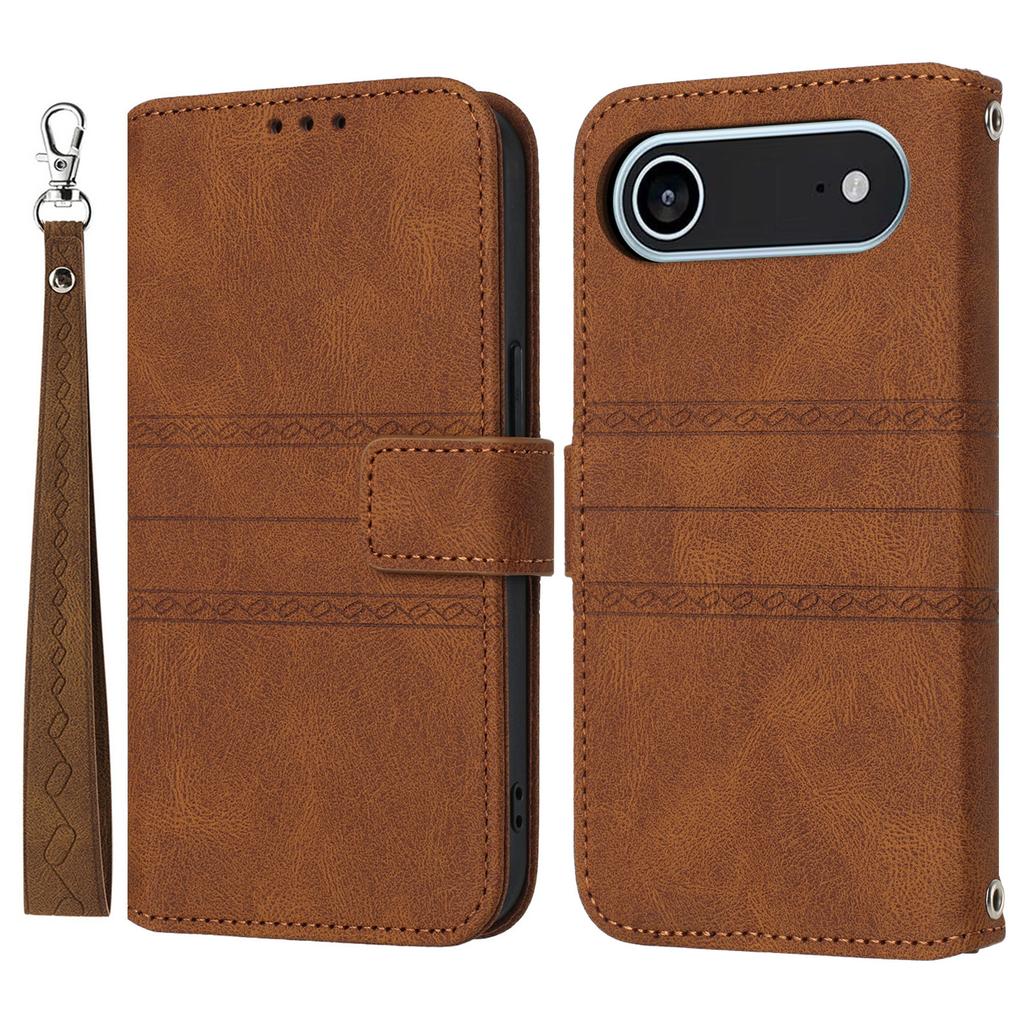 For iPhone 17 Air Case Wallet Skin-Touch Leather Imprinted Phone Cover with Wrist Strap