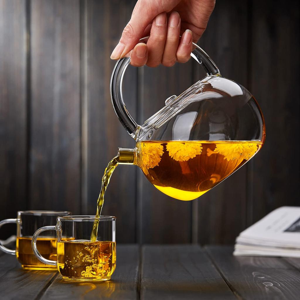 Pokaro Tea Clear Round Teapot, Heat-Resistant Glass Teapot, Shatter-Resistant, Direct Heat Safe, Large Capacity 850ml, Clear Glass, Hand-Shaped