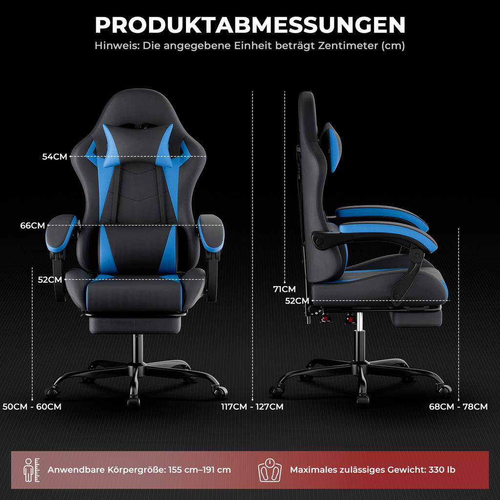 Gaming Chair Ergonomic Gaming Chair with Lumbar Cushion and Headrest, Gamer Chair Height Adjustable, PC Chair for Adults Girls Boys, Black-Blue
