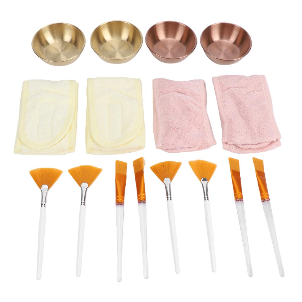 16-teiliges Gesichtsmasken-Mischschüssel-Set 4 Stück Edelstahl-Schüsseln Fächerpinsel Flachkopf-Pinsel Fleece-Stirnbänder Gold Silber