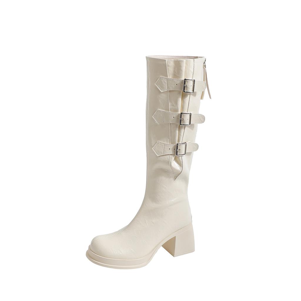 White Pile Boots Women's Autumn and Winter New Boots Women's Thick Heels But Knee Boots Women's Thick-soled Thin Boots
