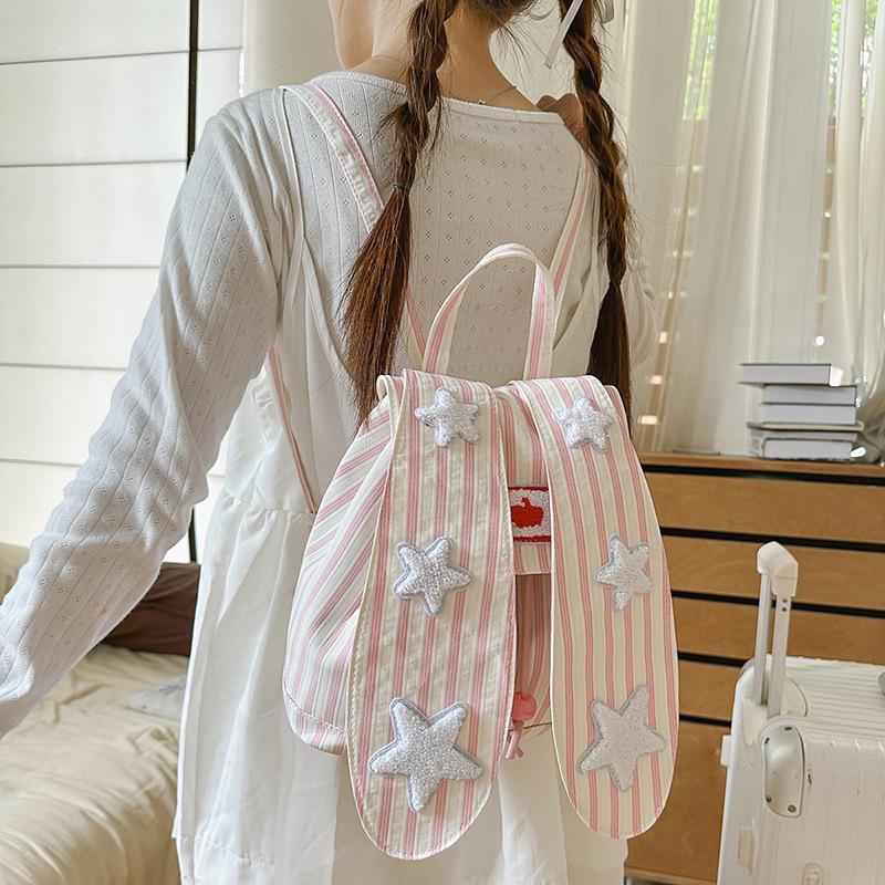 Cute rabbit ear backpack female junior high school student vertical stripe contrasting color star bag high value student travel small backpack