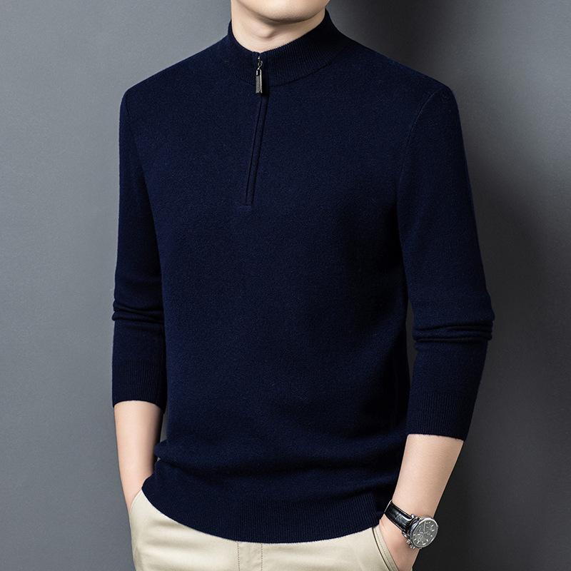 Men's 100% Pure Wool Half-Zip Thickened Sweater, High-End Solid Color Knitwear for Autumn/Winter