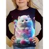 Spring and Autumn Round Neck 3D Cartoon Cat Printed Top Fashionable Casual Long Sleeved Children's Girl T-shirts