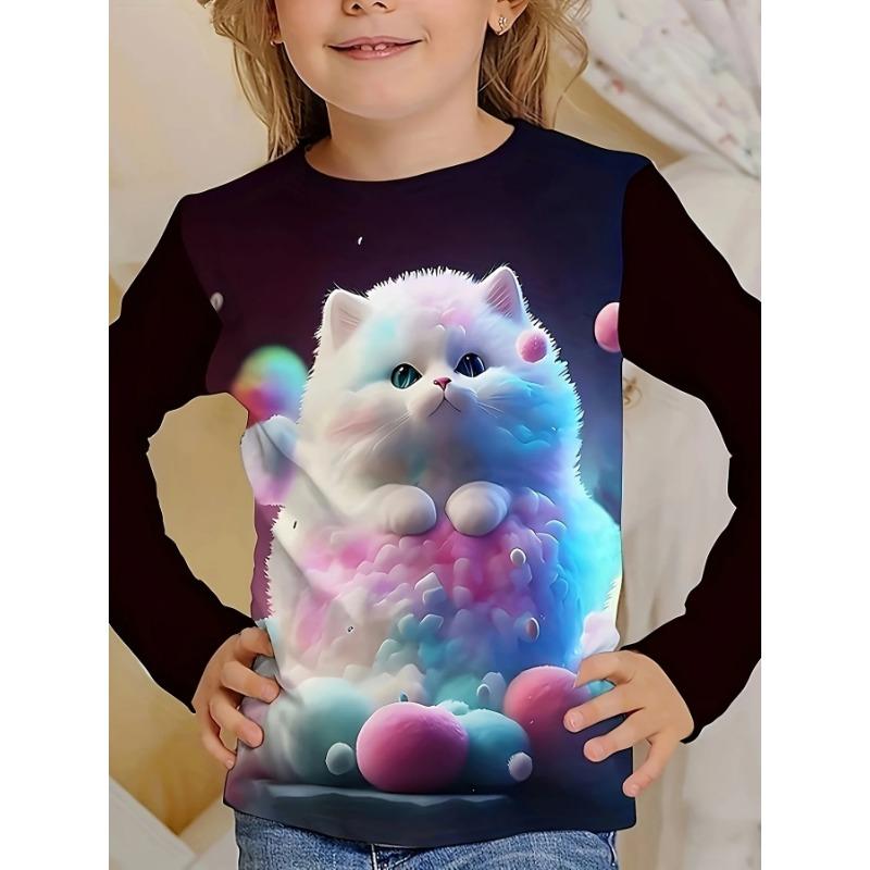 Spring and Autumn Round Neck 3D Cartoon Cat Printed Top Fashionable Casual Long Sleeved Children's Girl T-shirts