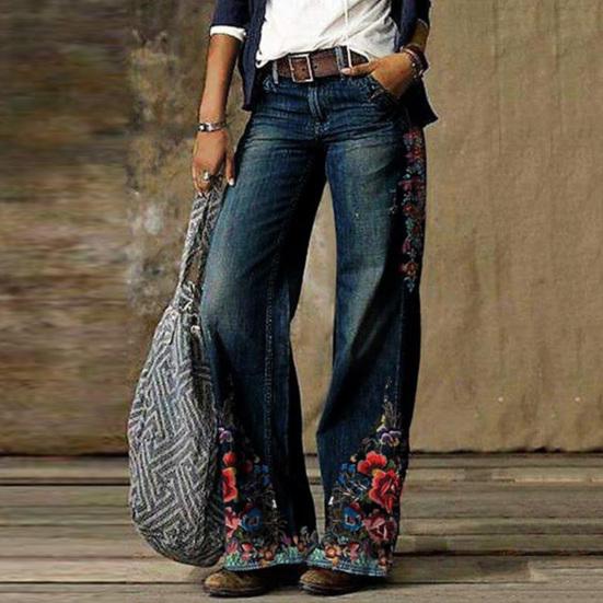 Damen Retro High Waist Wide Leg Floral Print Lange Lockere Jeans Hosen