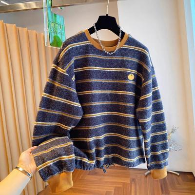 A Large-sized Retro Brushed Striped Embroidered Sweatshirt for Women, A Loose, Warm and Versatile Top for Autumn and Winter