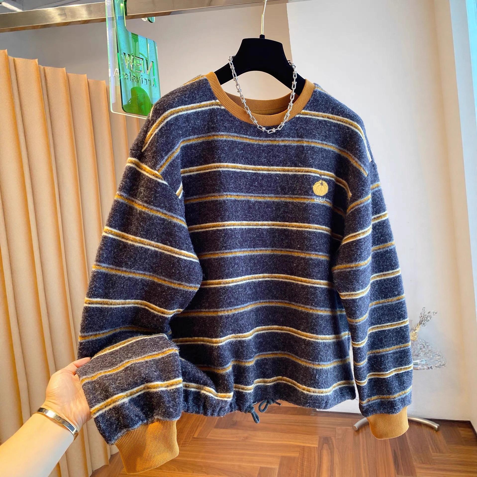 

Женский свитшот большого размера в стиле ретро с вышивкой в полоску с начесом, свободный, теплый и универсальный топ для осени и зимы 4XL оранжевый