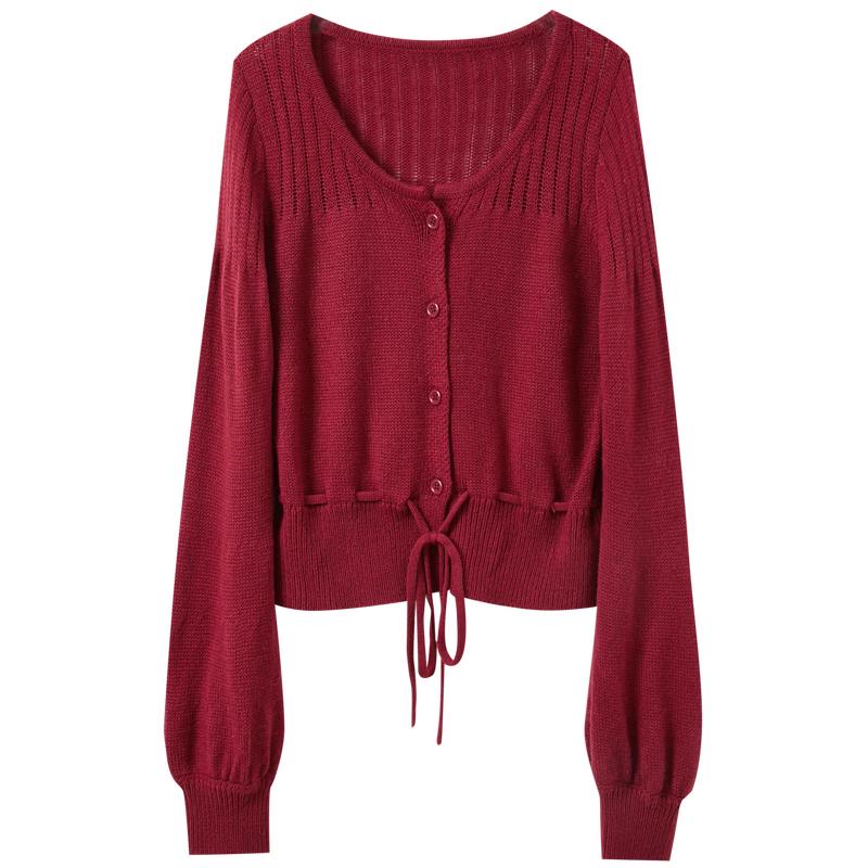 Sancai Women's Round Neck Lantern Sleeve Knit Cardigan