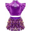 Girls Jazz Dance Outfit Mock Neck Rhinestone Adorned Mesh Patchwork Sleeveless Metallic Ruffle Crop Top