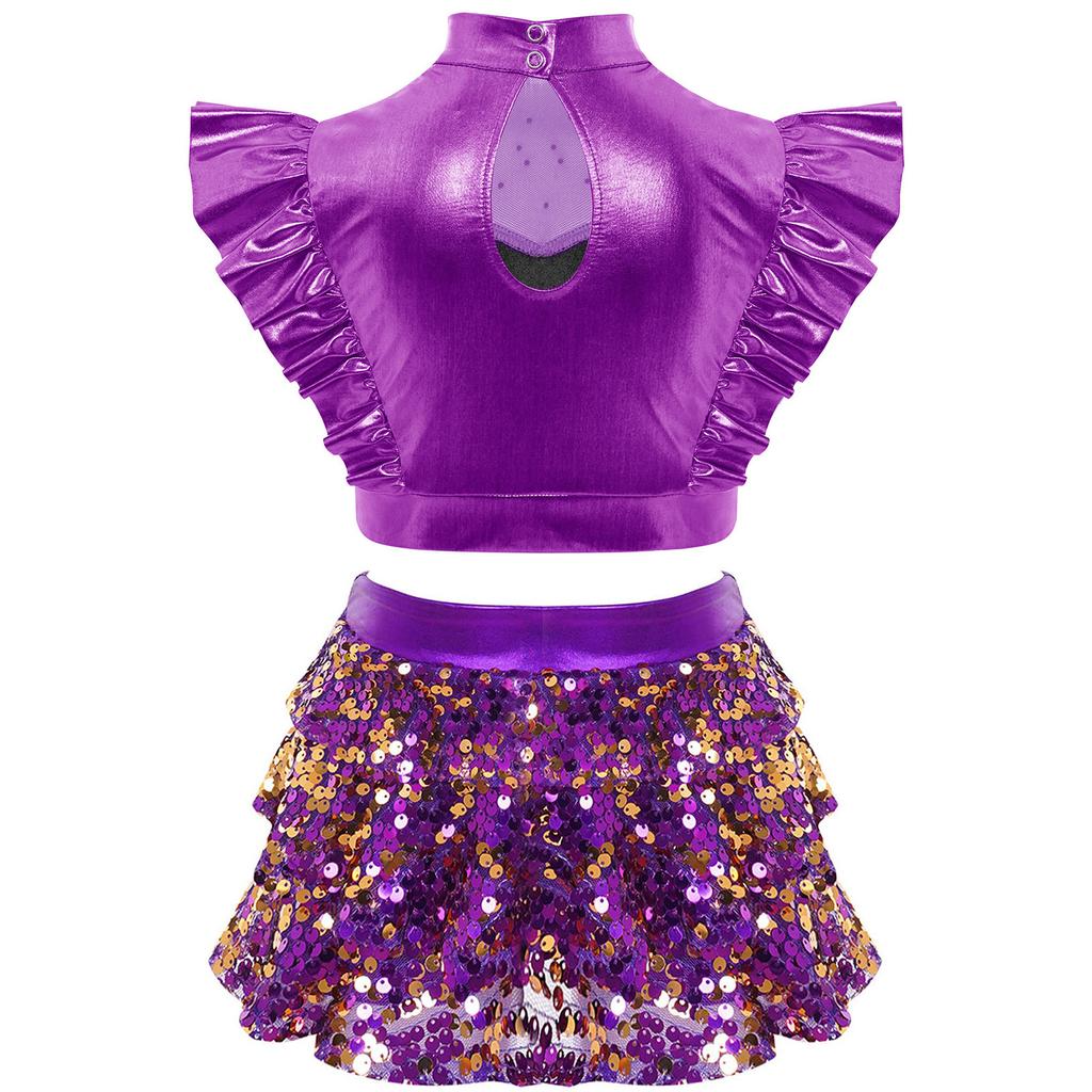 Girls Jazz Dance Outfit Mock Neck Rhinestone Adorned Mesh Patchwork Sleeveless Metallic Ruffle Crop Top
